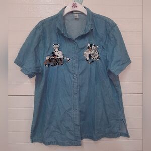 90s Passion Brand Short Sleeve Denim Shirt with Cat Embroidery